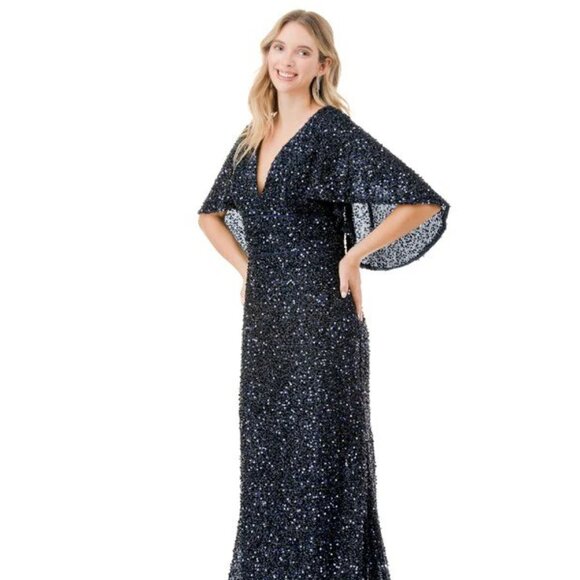NEW LONG FORMAL SHEATH MOB DRESS EMBROIDERED W/ SPARKLING SEQUINS TC M2751T - Picture 3 of 8